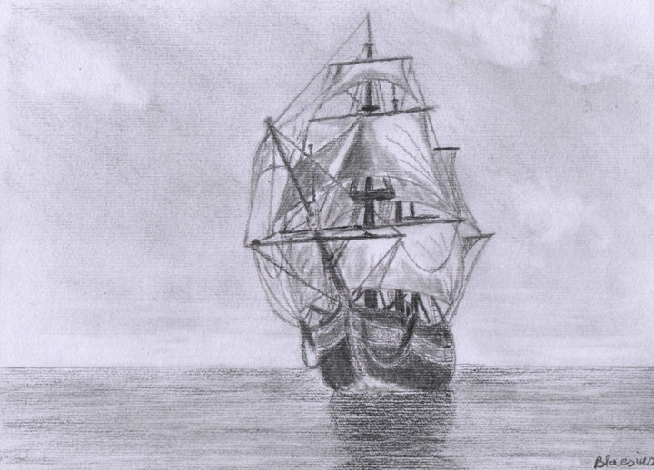 Drawing titled "Le navire et la mer" by Claude Blaesius, Original Artwork, Pencil