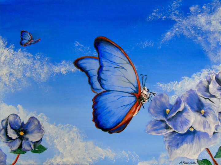 Malarstwo zatytułowany „Papillons Morpho” autorstwa Claude Blaesius, Oryginalna praca, Akryl Zamontowany na Drewniana rama n…