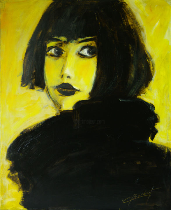 Painting titled "Modèle jaune profil" by Claude Bordat, Original Artwork, Oil Mounted on Wood Stretcher frame
