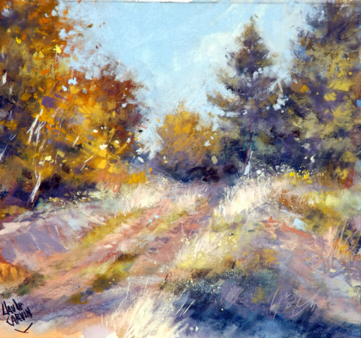 Painting titled "sentier-vers-la-for…" by Claude Carvin, Original Artwork, Oil