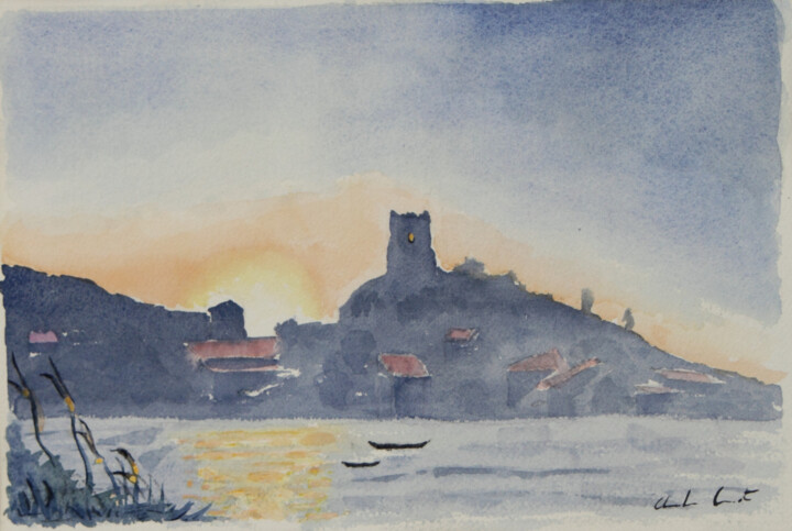 Painting titled "Gruissan" by Claude Conte, Original Artwork, Watercolor