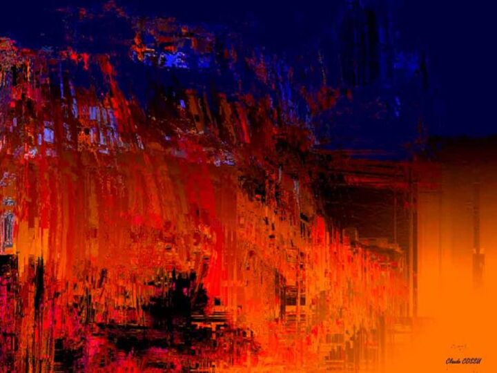Arte digitale intitolato "Incendie nocturned'…" da Claude Cossu, Opera d'arte originale, Pittura digitale