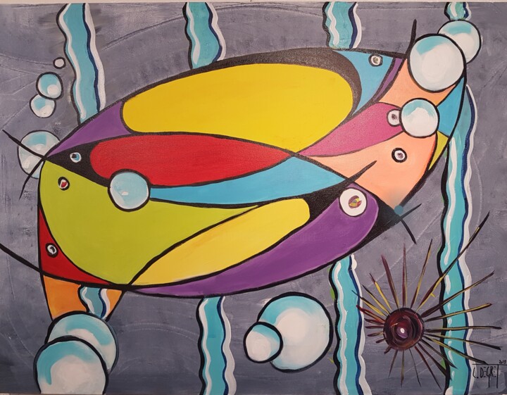 Painting titled "Poissons en folies…" by Claude Degret, Original Artwork, Acrylic