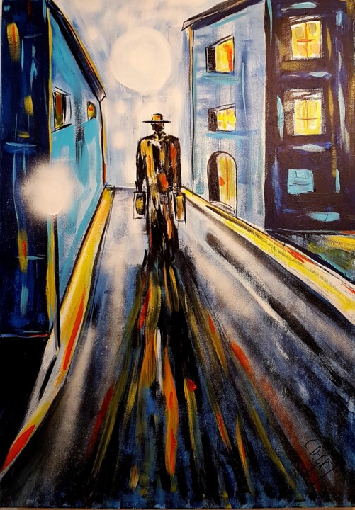 Schilderij getiteld "Je quitte la ville" door Claude Degret, Origineel Kunstwerk, Acryl