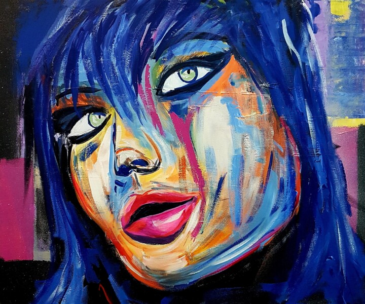 Painting titled "Femme aux yeux verts" by Claude Degret, Original Artwork, Acrylic