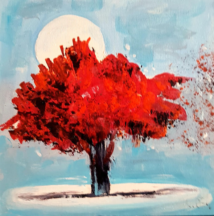 Painting titled "L'arbre rouge" by Claude Degret, Original Artwork, Acrylic