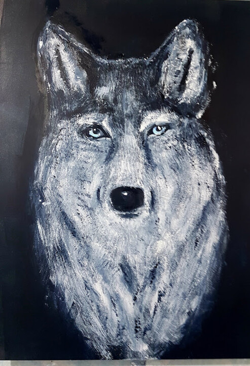Malerei mit dem Titel "Le loup gris" von Claude Degret, Original-Kunstwerk, Acryl
