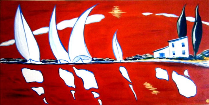 Painting titled "4 voiles sur l'étan…" by Claude Degret, Original Artwork