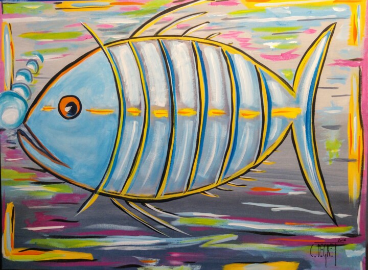 Peinture intitulée "La maman poisson" par Claude Degret, Œuvre d'art originale, Acrylique