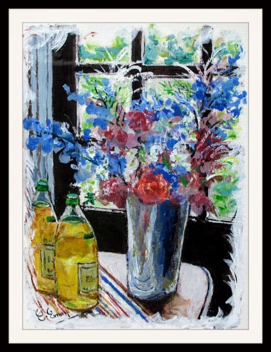 Painting titled "Composition florale" by Claude Evrard, Original Artwork, Acrylic Mounted on Glass