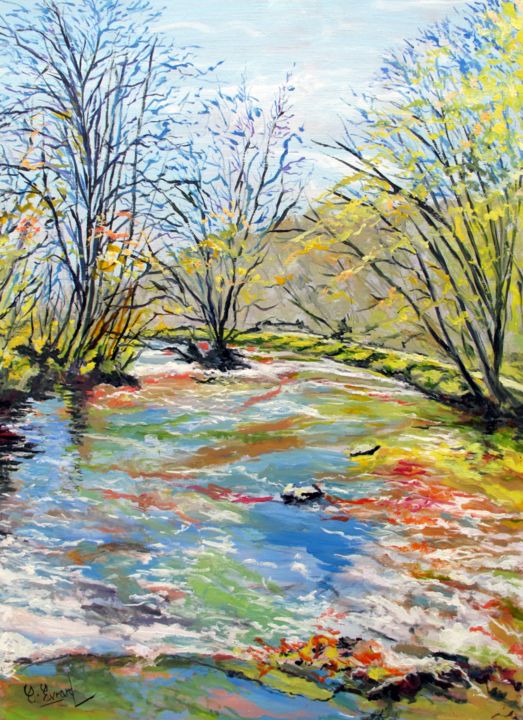 Painting titled "EAUX VIVES (rivière…" by Claude Evrard, Original Artwork, Oil Mounted on Wood Stretcher frame