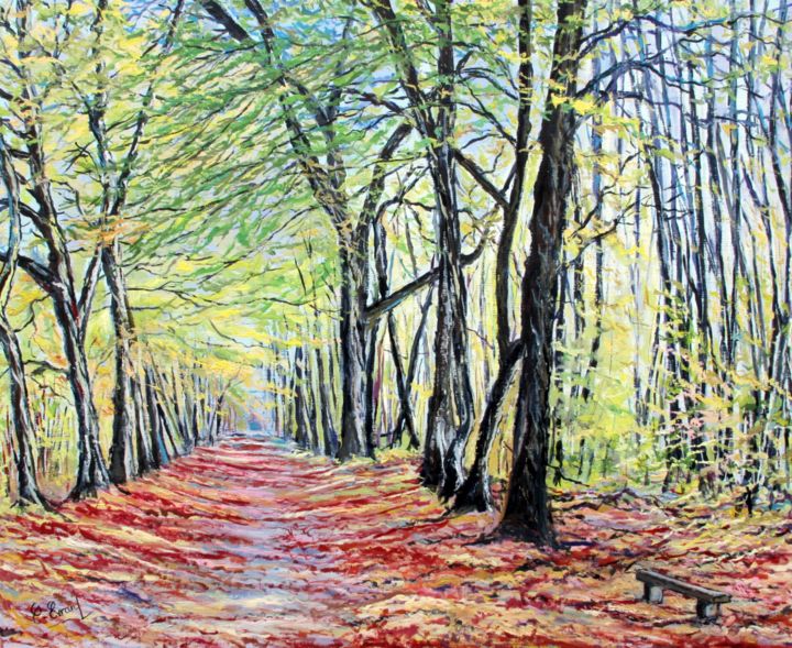 Painting titled "LA HALTE (Bois de l…" by Claude Evrard, Original Artwork, Oil Mounted on Wood Stretcher frame