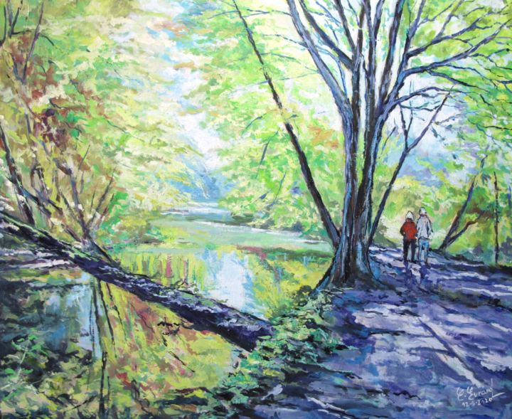 Peinture intitulée "Promenade estivale…" par Claude Evrard, Œuvre d'art originale, Huile Monté sur Châssis en bois