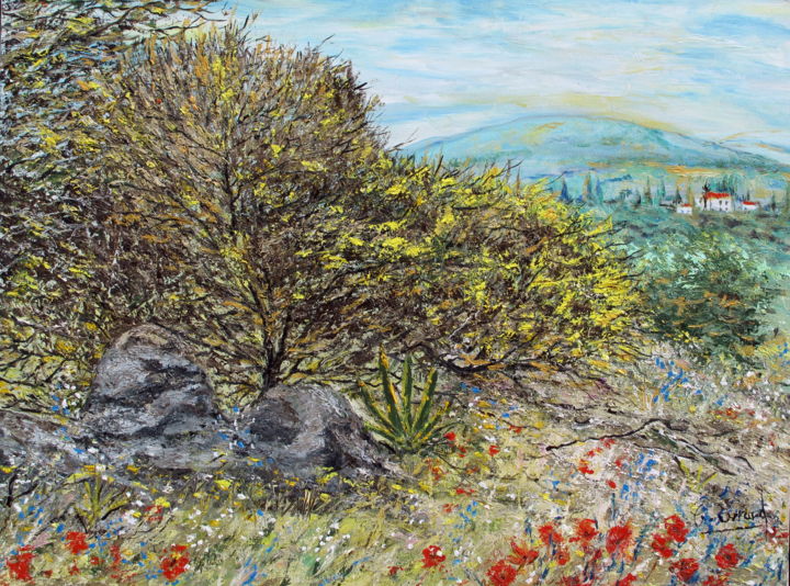 Painting titled "PRINTEMPS EN SICILE" by Claude Evrard, Original Artwork, Oil Mounted on Wood Stretcher frame