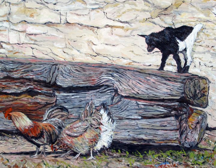 Peinture intitulée "Le chevreau dans la…" par Claude Evrard, Œuvre d'art originale, Huile Monté sur Châssis en bois