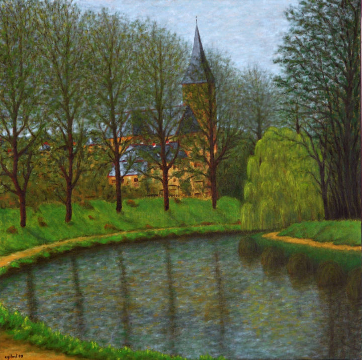 Painting titled "la courbe du canal…" by Claude Guillemet, Original Artwork, Oil Mounted on Wood Stretcher frame