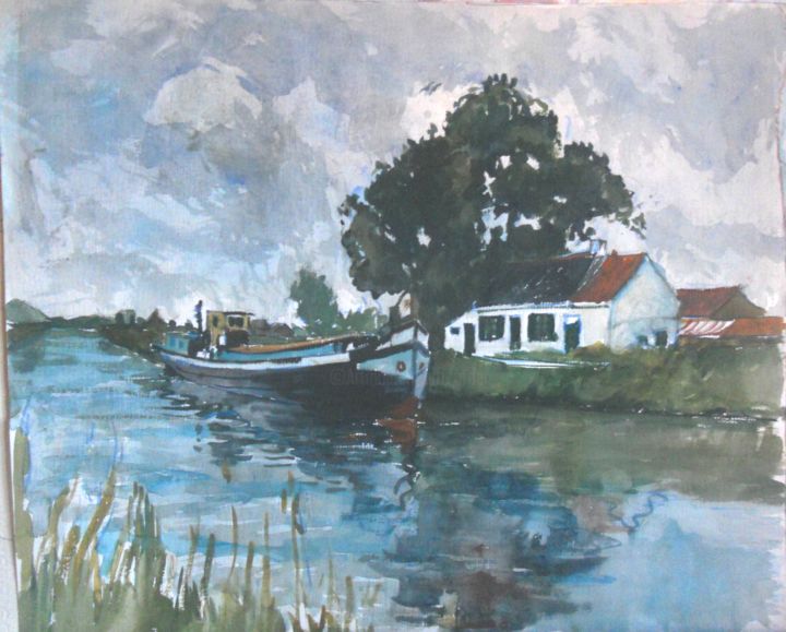 Peinture intitulée "La maison du canal" par Claude Hardenne, Œuvre d'art originale