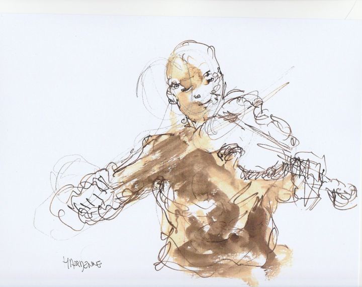 Drawing titled "VIOLONISTE DE JAZZ" by Claude Hardenne, Original Artwork