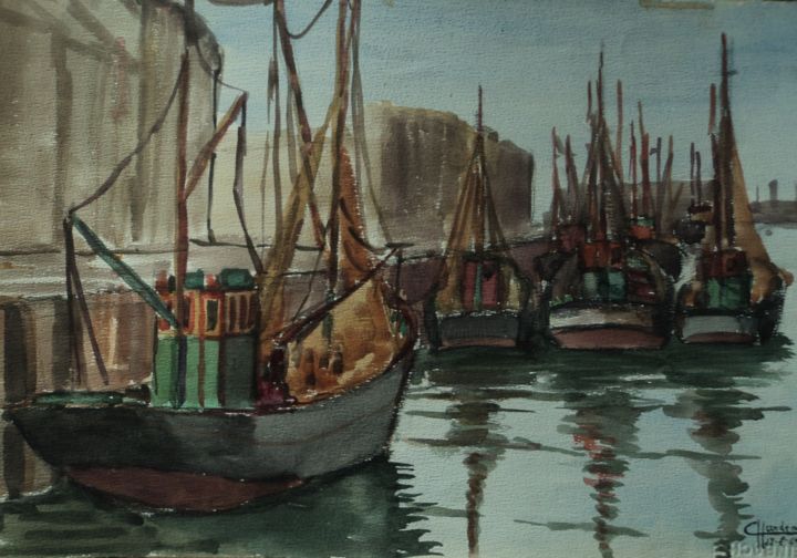 Schilderij getiteld "chalutiers à Ostende" door Claude Hardenne, Origineel Kunstwerk