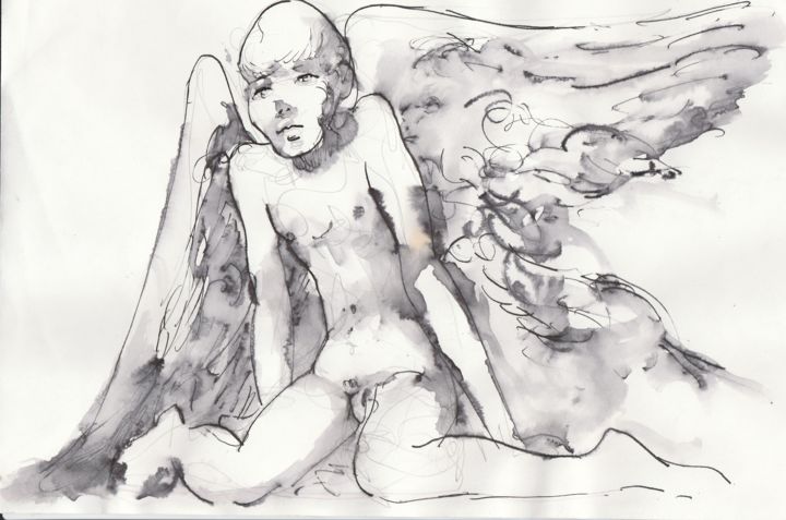 Drawing titled "Angelot triste" by Claude Hardenne, Original Artwork