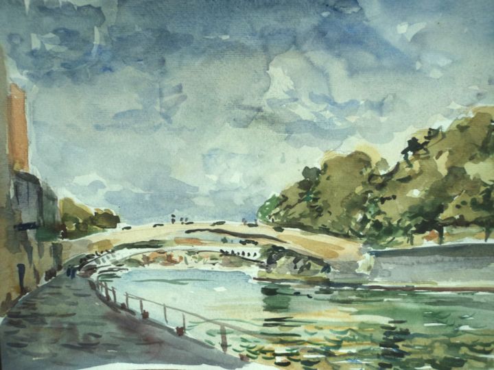 Painting titled "Meuse à Namur" by Claude Hardenne, Original Artwork, Watercolor