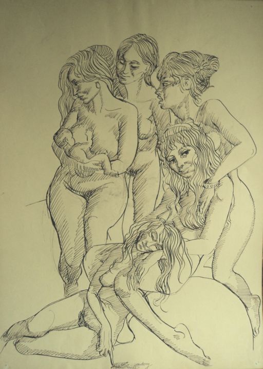 Drawing titled "Femmes" by Claude Hardenne, Original Artwork, Ink