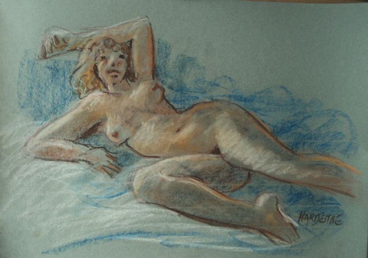 Drawing titled "Nue allongée" by Claude Hardenne, Original Artwork, Pastel