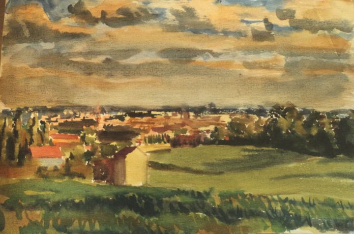 Painting titled "Une ville au loin" by Claude Hardenne, Original Artwork, Watercolor