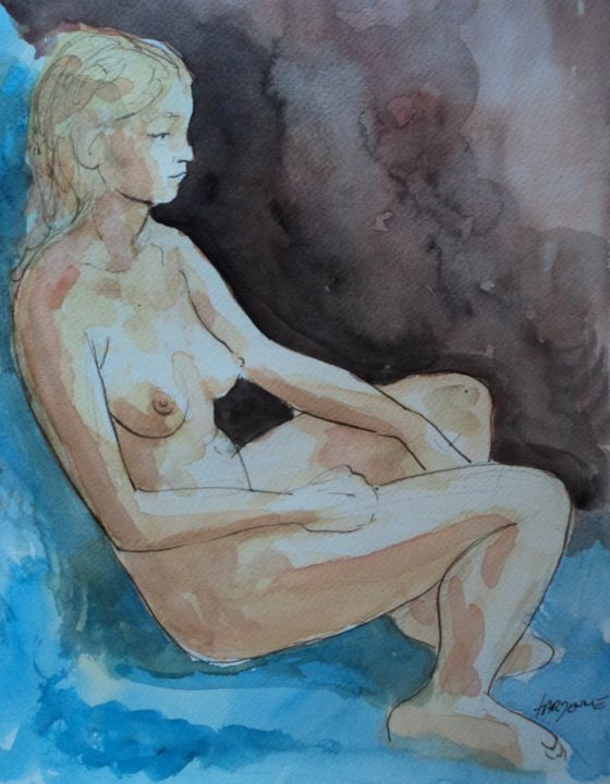 Painting titled "POSE" by Claude Hardenne, Original Artwork, Watercolor