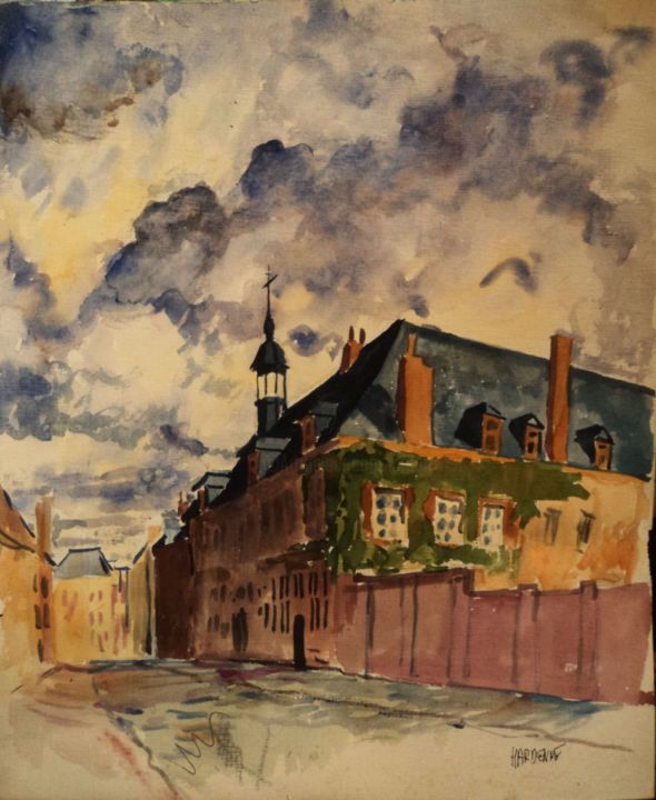 Peinture intitulée "street in Mons" par Claude Hardenne, Œuvre d'art originale, Aquarelle