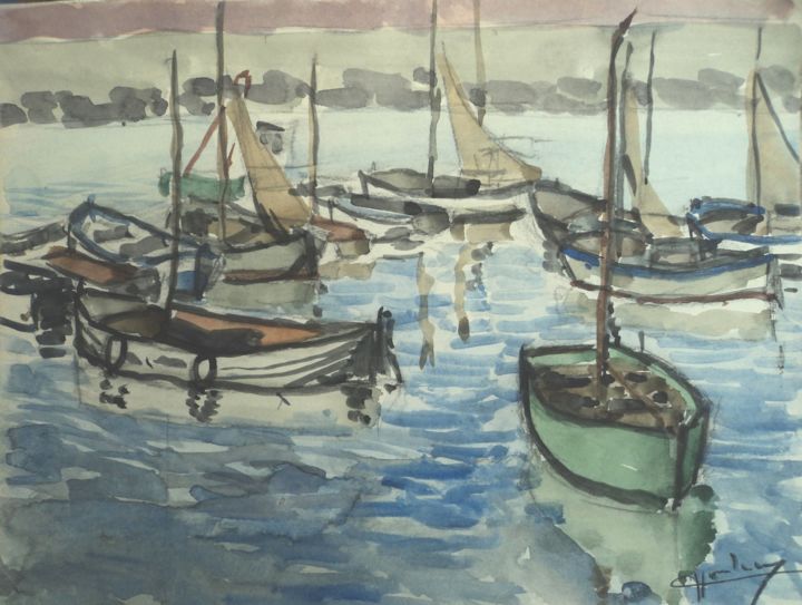 Peinture intitulée "barques 4" par Claude Hardenne, Œuvre d'art originale, Aquarelle