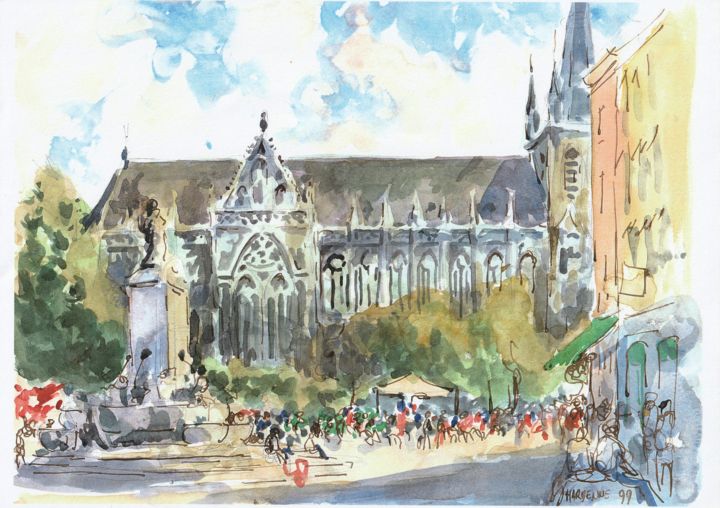 Schilderij getiteld "Liége, la cathédrale" door Claude Hardenne, Origineel Kunstwerk, Aquarel