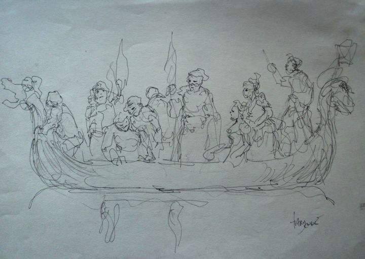 Dessin intitulée "la barque aux espri…" par Claude Hardenne, Œuvre d'art originale, Encre