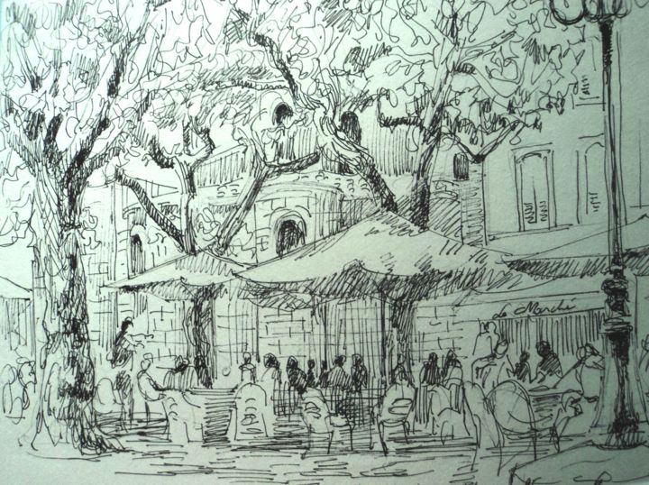 Dibujo titulada "place à Valence" por Claude Hardenne, Obra de arte original, Tinta