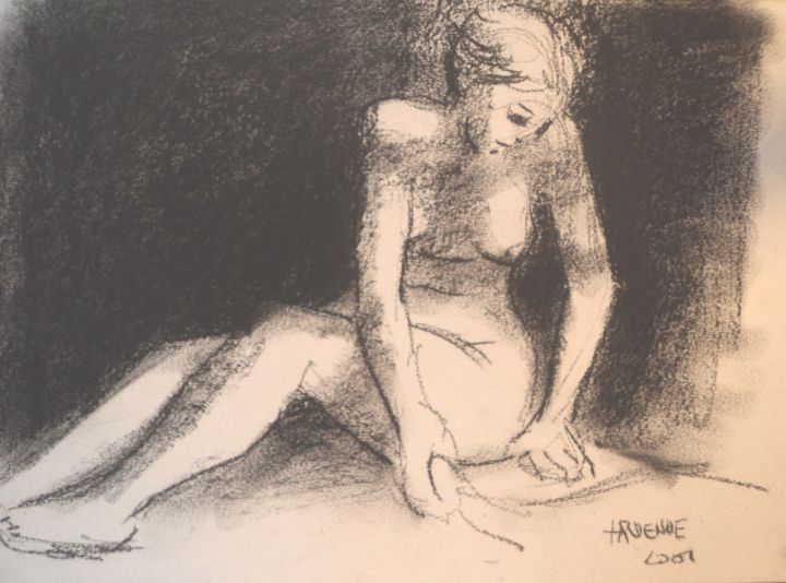 Drawing titled "Lectrice" by Claude Hardenne, Original Artwork, Charcoal