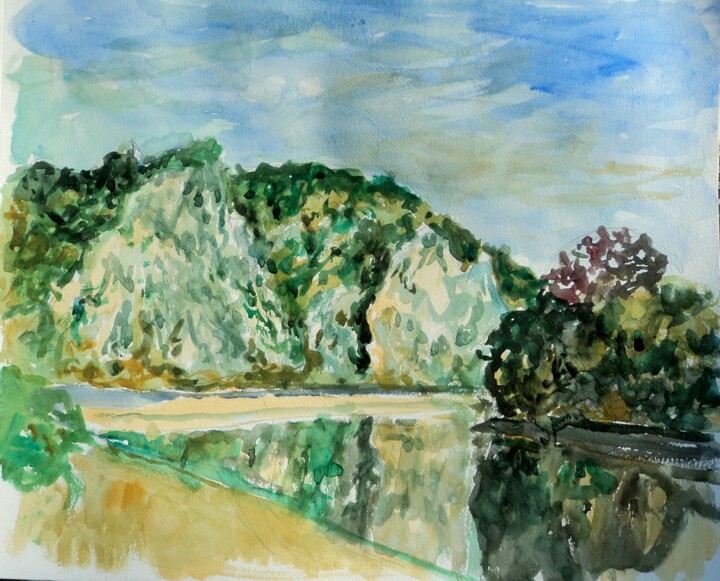 Painting titled "meuse à Anseremme" by Claude Hardenne, Original Artwork, Watercolor