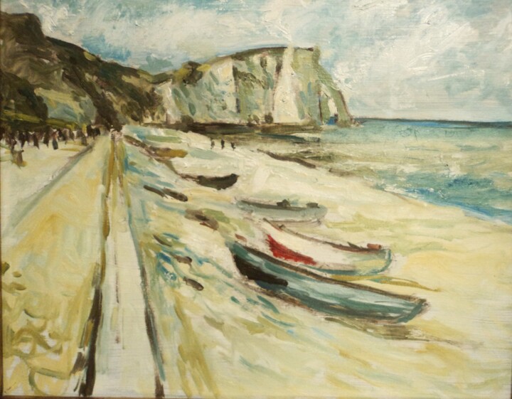 Painting titled "plage d'Etretat" by Claude Hardenne, Original Artwork, Oil