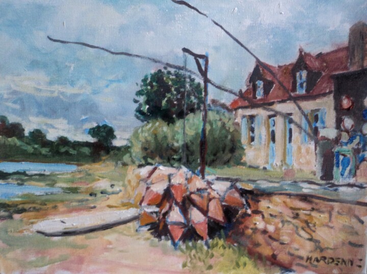 Painting titled "maison aux bouées à…" by Claude Hardenne, Original Artwork, Oil