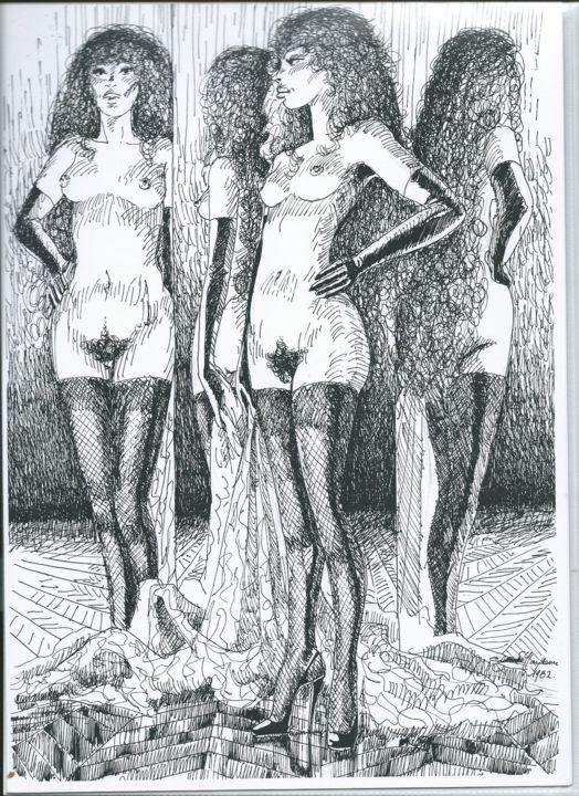 Drawing titled "femme aux miroirs" by Claude Hardenne, Original Artwork