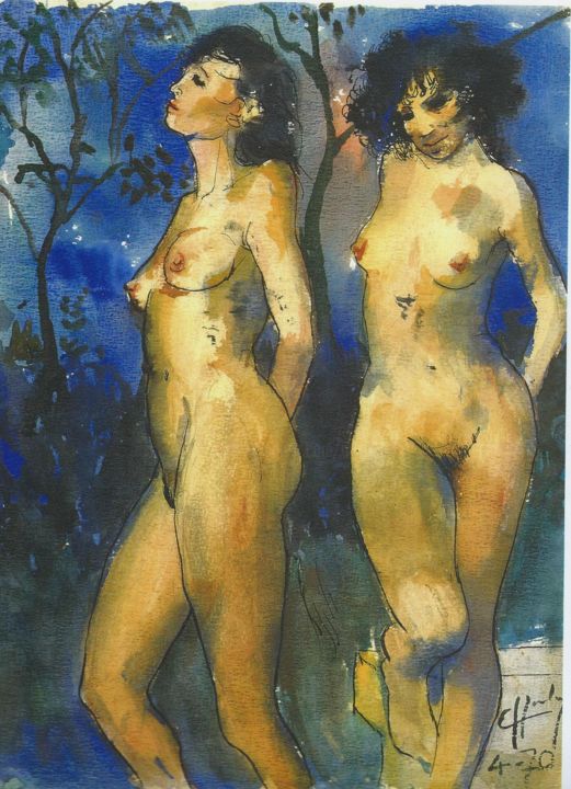 Painting titled "deux faunesses" by Claude Hardenne, Original Artwork