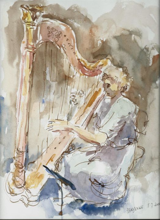 Schilderij getiteld "harpiste" door Claude Hardenne, Origineel Kunstwerk