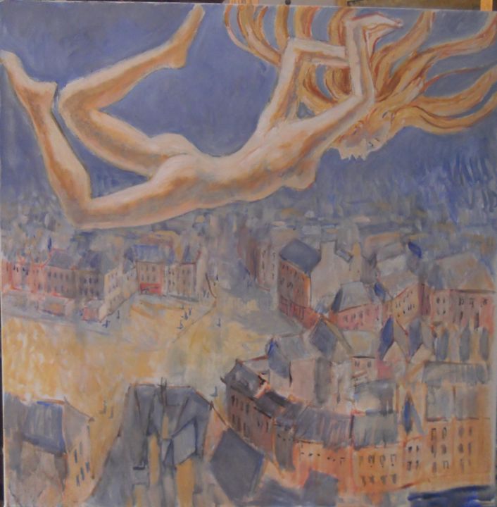 Peinture intitulée "Ange sur la ville" par Claude Hardenne, Œuvre d'art originale