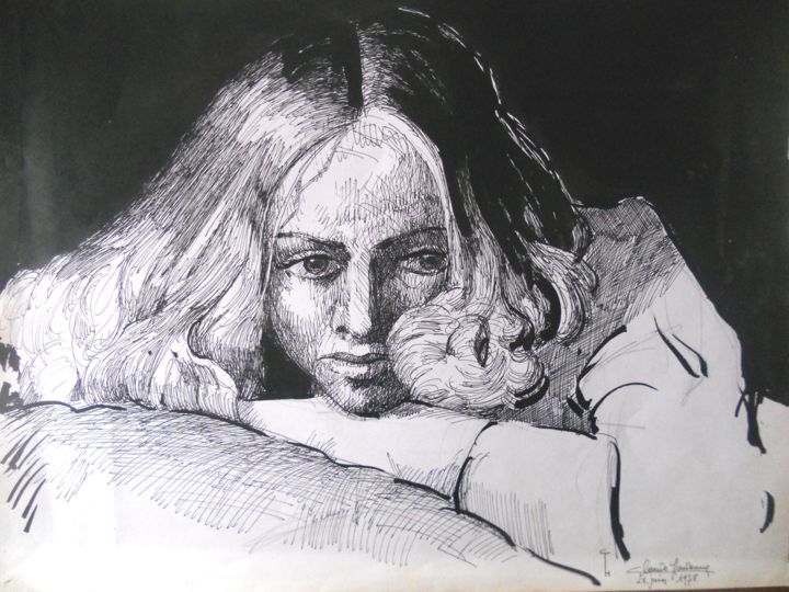 Drawing titled "Rêveuse" by Claude Hardenne, Original Artwork