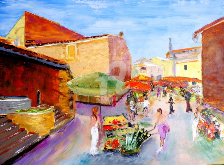 Pittura intitolato "Le marché à TEYRAN" da Claude Julia (CJULIA), Opera d'arte originale, Olio