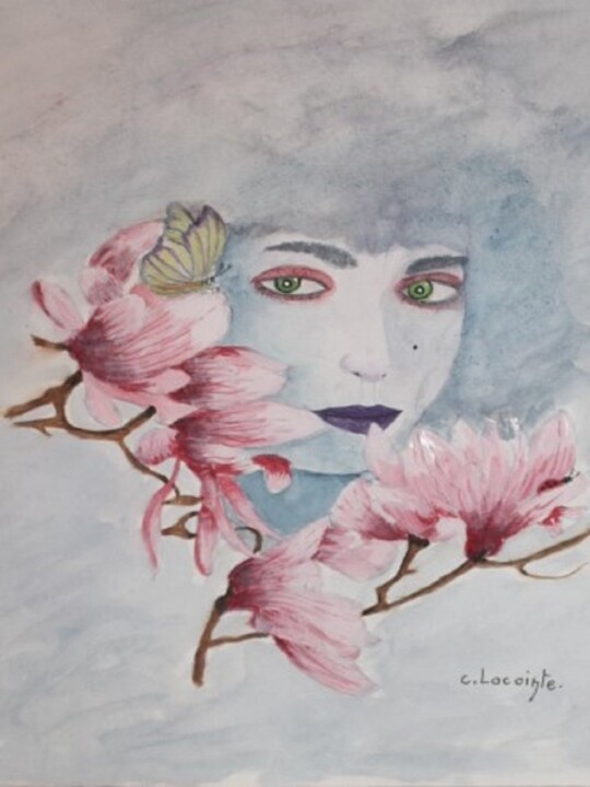 "visage au magnolias" başlıklı Tablo Claude Lacointe tarafından, Orijinal sanat, Suluboya