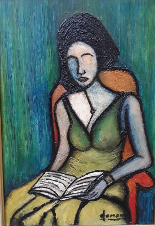 Painting titled "femme en lecture" by Claude Lamamy, Original Artwork, Oil