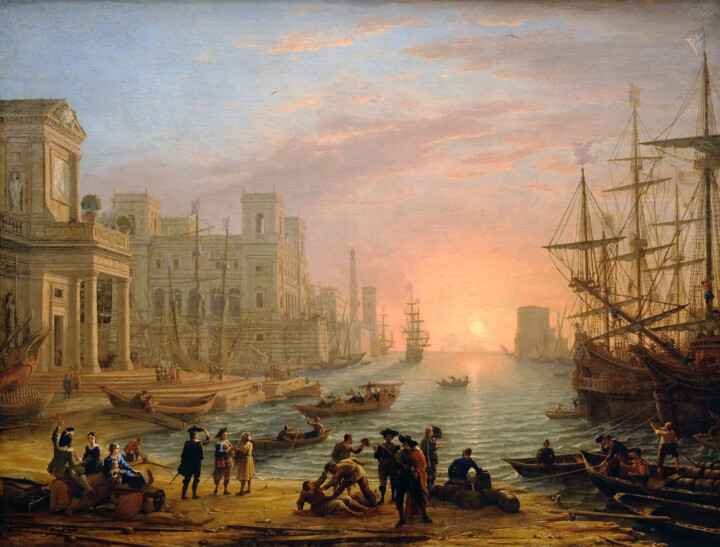 Painting titled "Port de mer au sole…" by Claude Lorrain, Original Artwork, Oil