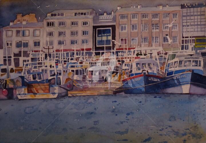 Painting titled "Brest, le bassin de…" by Claude Marchalot, Original Artwork, Watercolor