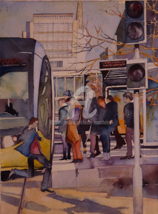 Painting titled "Brest, le tram, sta…" by Claude Marchalot, Original Artwork, Watercolor