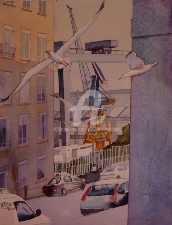 Peinture intitulée "Brest, Le portique…" par Claude Marchalot, Œuvre d'art originale, Aquarelle